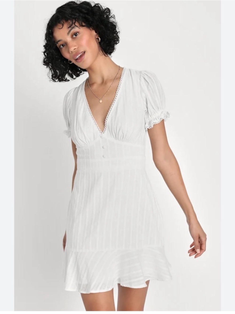 Lulu's White V-Neck Lace-Trim Dress